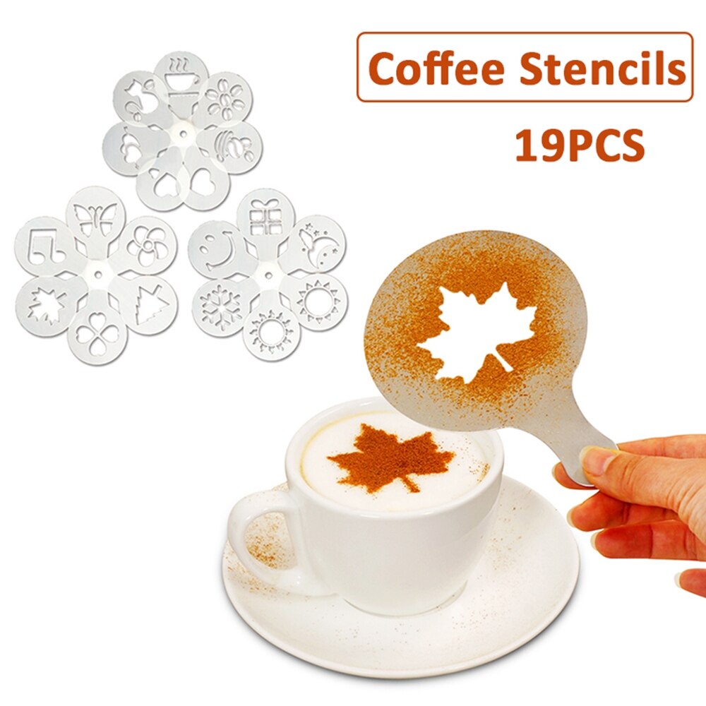 19Pcs Koffie Stencils Fancy Koffie Afdrukken Model Schuim Spuiten Taart Stencils Koffie Tekening Cappuccino Mold Sjablonen Poedervorm Sie