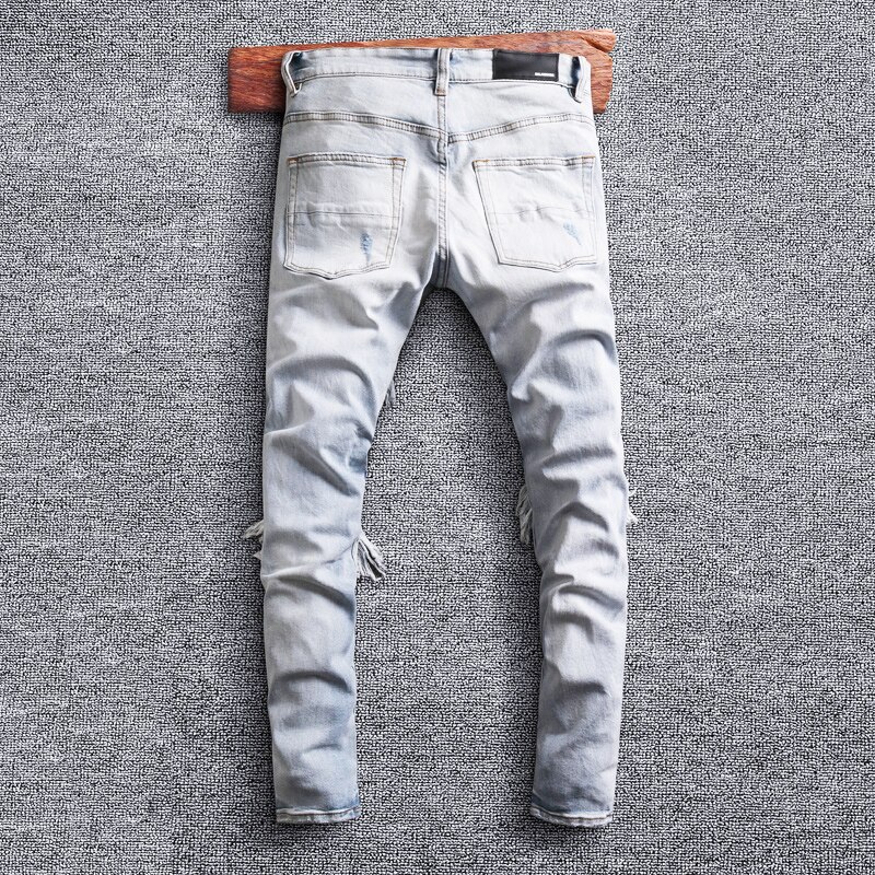 Street Style Men Jeans Retro Light Gray Blue Elastic Slim Fit Ripped Jeans Men Patches Hip Hip Denim Punk Pants