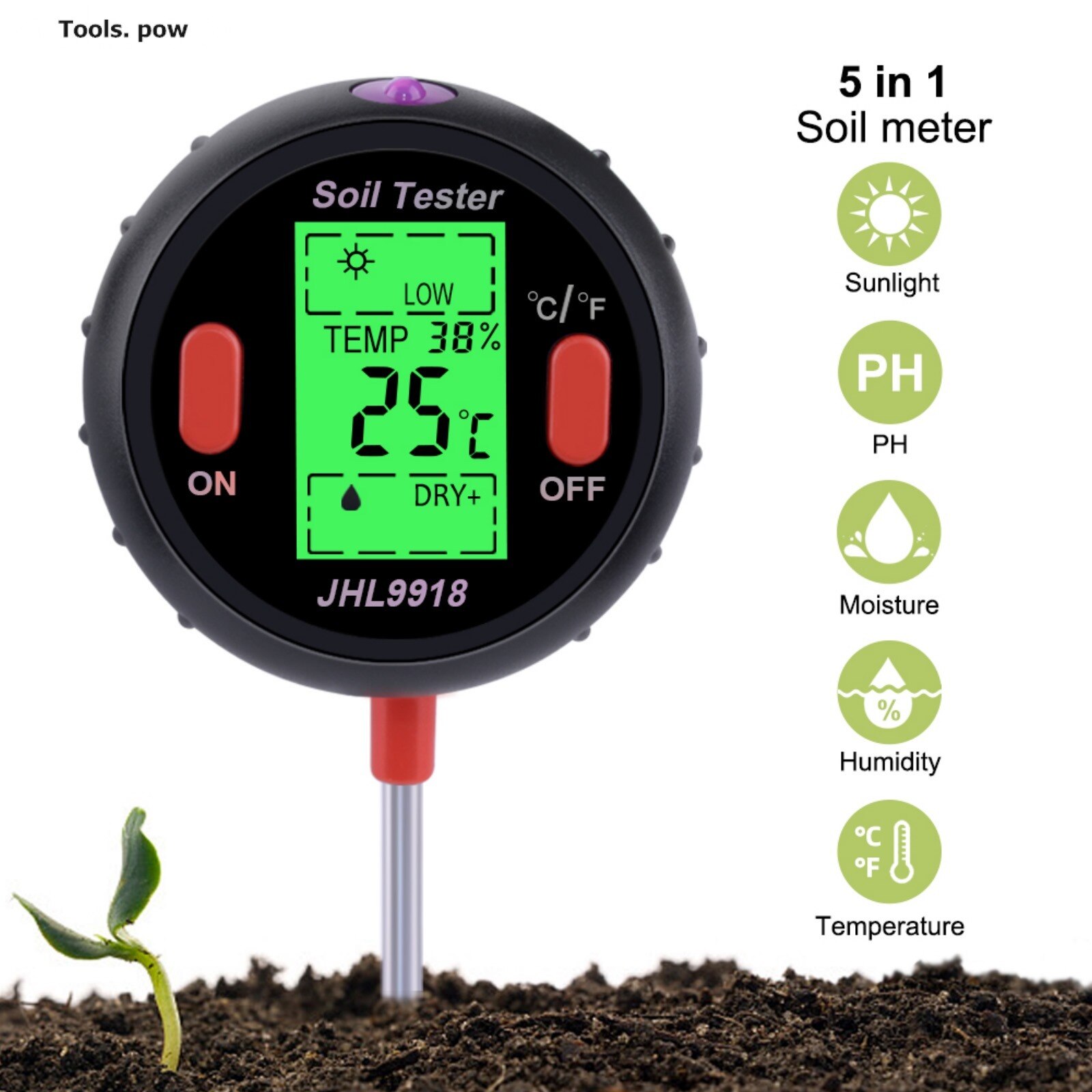 5 in 1 Soil PH Meter, Soil PH and Moisture Meter, Solar Temperature Measurement, Intensity Analysis, Soil Acid Alkaline Meter