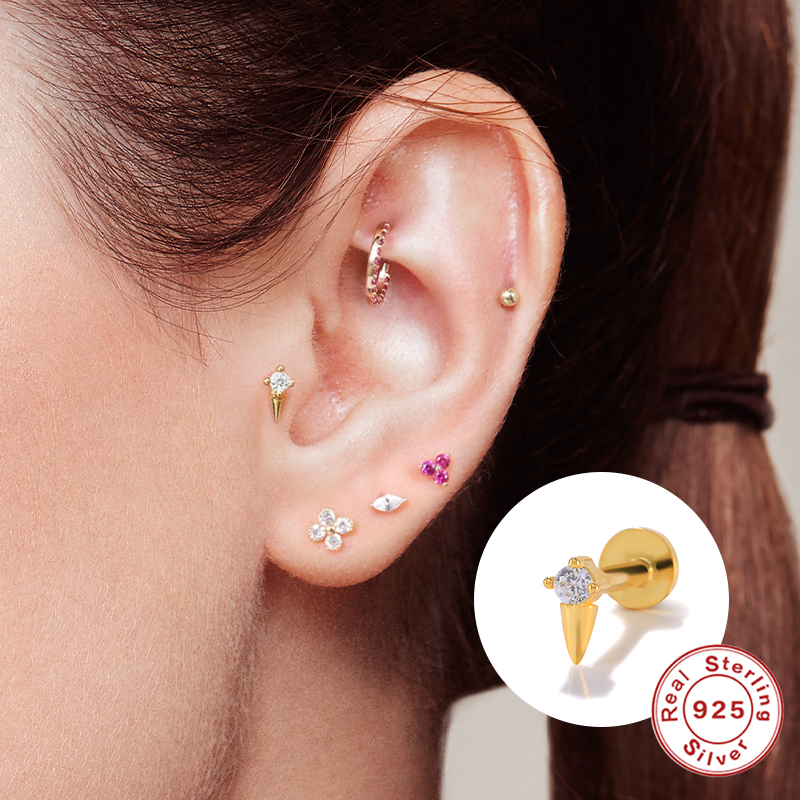 CANNER 1pc 925 Sterling Silver Tragus Piercing Stud Earrings for Women AAAAA Zircon Labret Lip Rings Cartilage Earrings Jewelry
