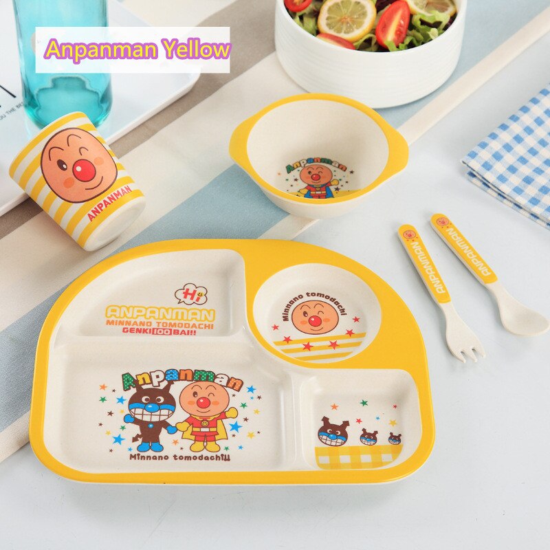5 stuks babyvoedingsbakjes schattige voedselcontainer van bamboevezels kinderserviesgoed babyservies peuterbord maaltijdschaal: Anpanman geel
