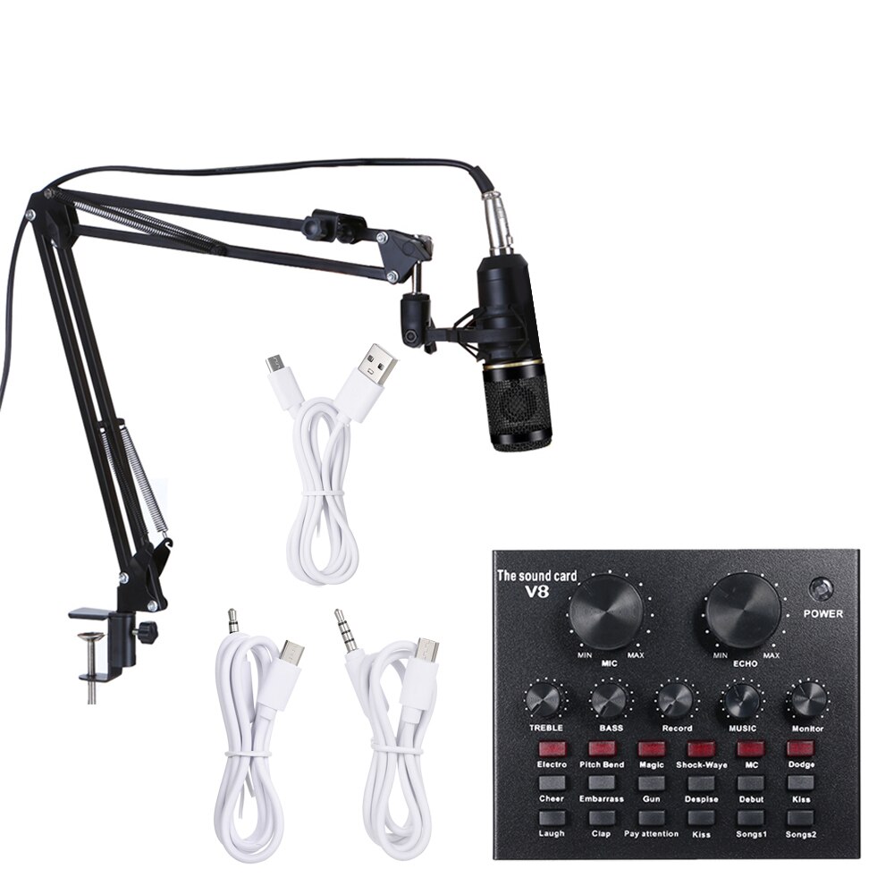 Multifunktionelt live lydkort og  bm800 suspension mikrofonsæt, der sender optagekondensatormikrofonsæt: Sort