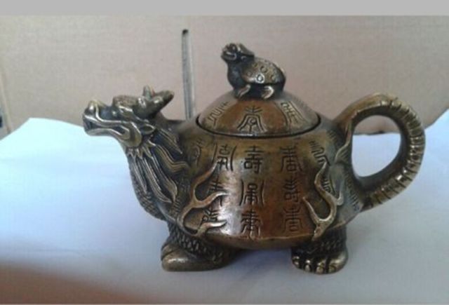 Chinese Oude CHINESE OUDE KOPEREN HANDWORK DRAGON SCHILDPAD THEE POT decoratie messing factory outlets
