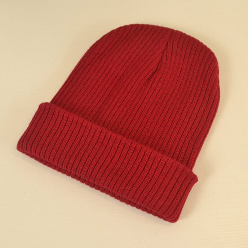 Sombreros de mujer para otoño e invierno, gorro de puño a rayas liso 100% gorro de calavera de punto suave y elástico acrílico negro, gris, azul marfil, azul marino, etc.: dark red