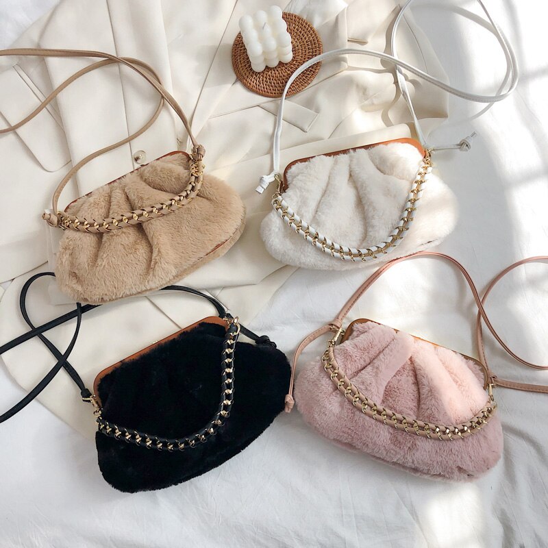 Faux Fur Small Soft Crossbody Bags for Women Winter Trend Shoulder Handbags Branded Trending Shell Bags and Purses