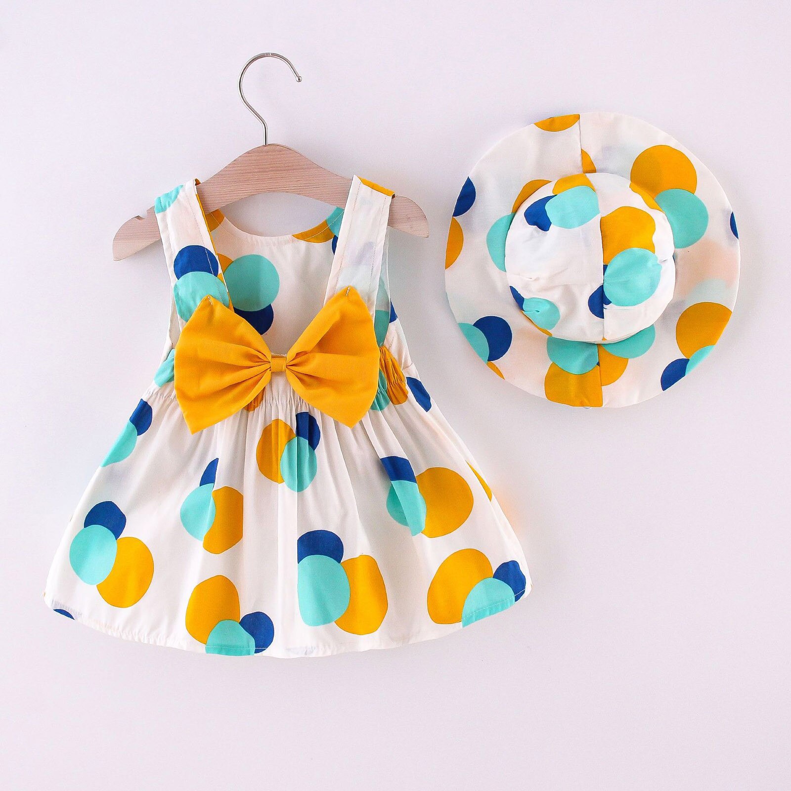 Peuter Meisjes Strik Jurk + Strooien Hoed Jurk Zomer Polka Dot Print Baby Kids Mouwloze Meisje Verjaardag Partyprincess Jurk Hoed: Yellow  / 2T