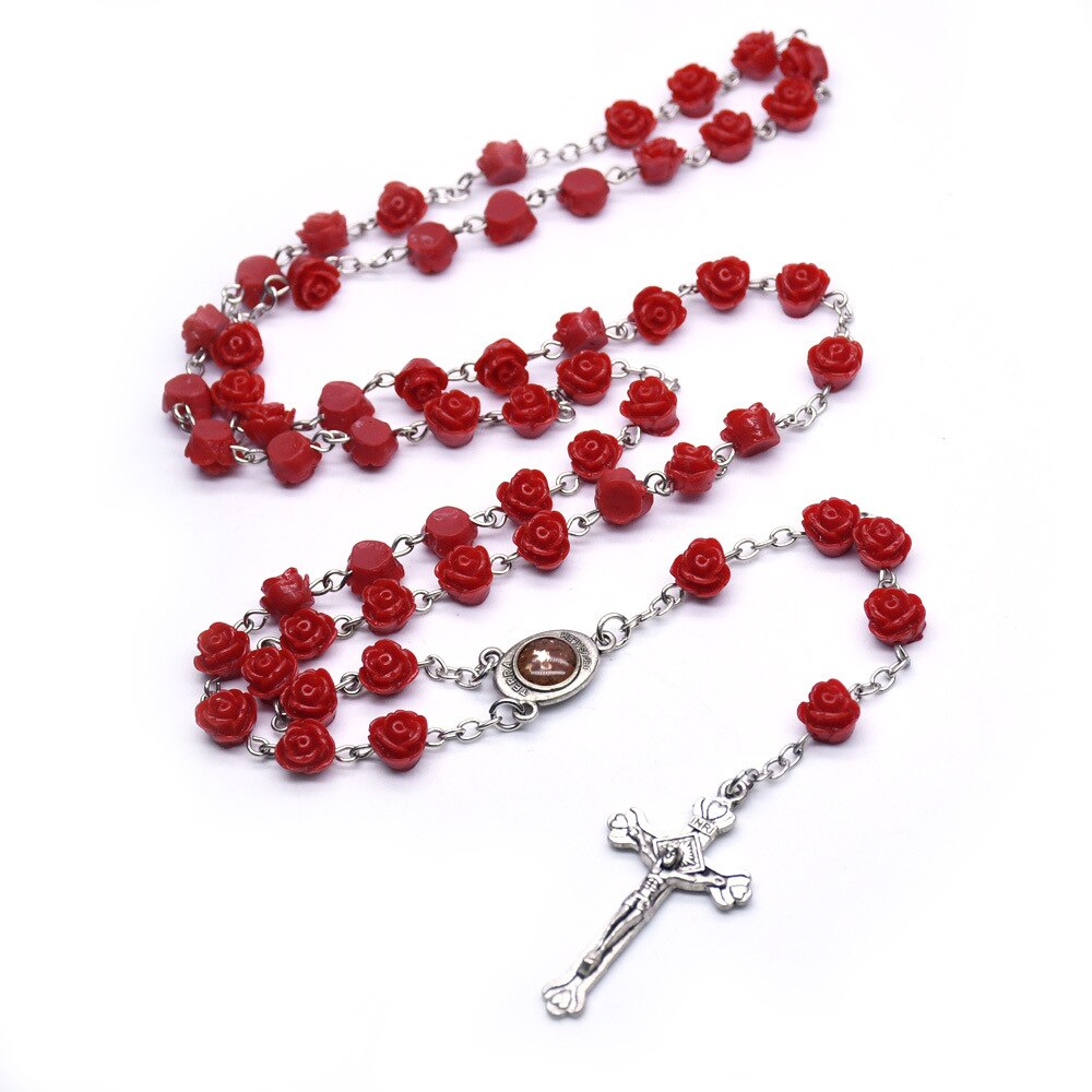 Della resina della rosa collana del rosario regalo fidanzato ah vergine maria croce di Cristo Cattolica Cristiana di cerimonia nuziale perline di preghiera: 3