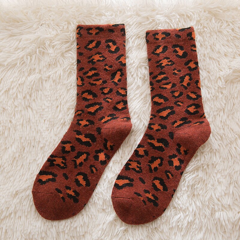 Uldne bomuld leopard sokker kvindelige pop efterår og vinter sokker personlighed retro tykke varme bløde frotté mellemsokker: F