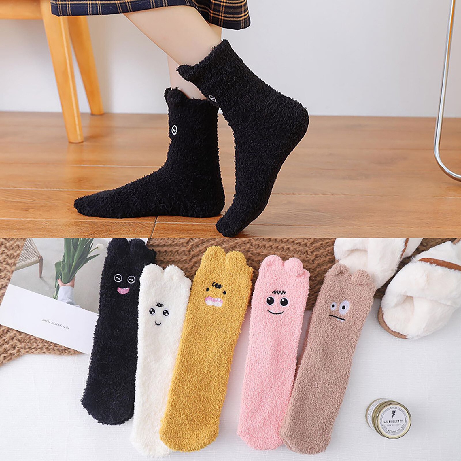 Chaussettes en molleton pour femmes, mignonnes, épaisses, chaudes, pour dormir au sol, pour la maison, c50