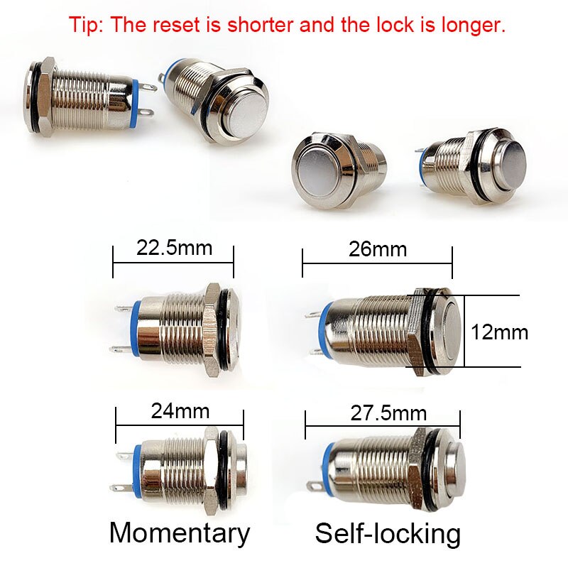 12mm Metal Push Button Switch Momentary Short Style Waterproof Self-reset Locking Latching IP67 NO High/Flat/Round Shape