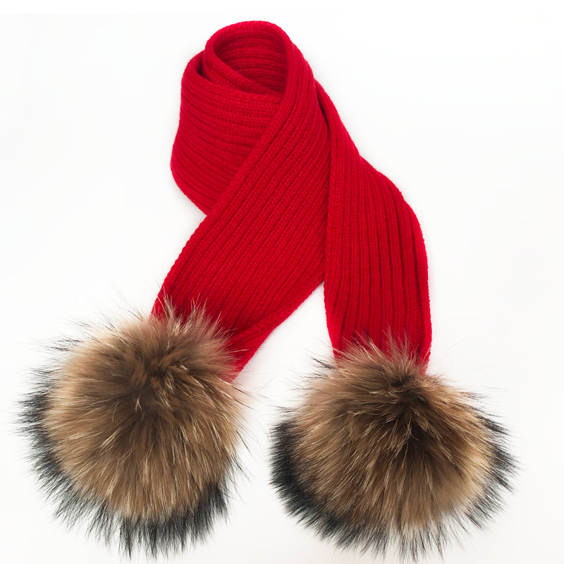 Ouder-kind Winter hoeden Schattige Baby bont Pompon Hoed Sjaal Sets Echte Natuurlijke Haarbal Caps Moeder Kinderen Warme Gebreide Hoeden Winter Bea: S / Blauw