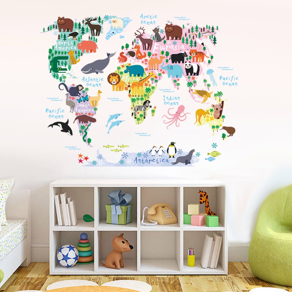 3D Colorful animal World Map Wall Sticker Kids Room Nursery Decoration Vinyl Poster Wall Decals Art Mural Stickers