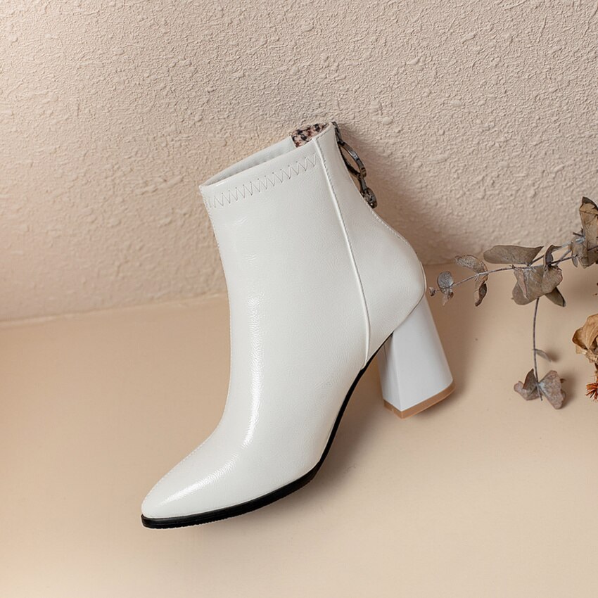 QUTAA Crystal Zipper puntiagudo Toe botines PU cuero Otoño Invierno mujeres zapatos cuadrado tacón alto botas cortas tamaño 34-43