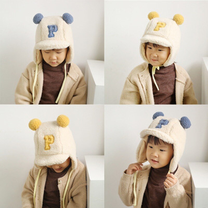 Inverno quente bebê meninos letra p cordeiro veludo earflap chapéu duplo pompom boné beanies para crianças criança gorro eargflap