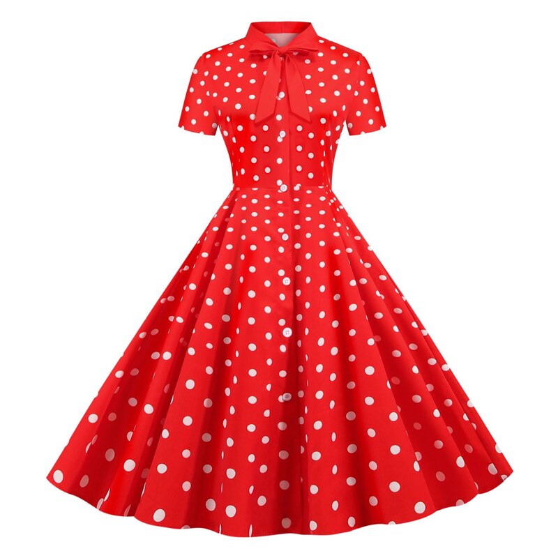 Tonval slips hals stribet vintage kvinder sommer skjorte kjole enkeltradet rockabilly casual swing kjoler: Rød med prikker / Xxl