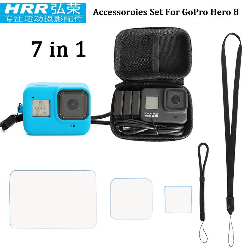 7in1 voor GoPor Hero 8 Zwart Accessoires, siliconen Cover/EVA Case Tas/Gehard Glas Screen Protector/Lanyard/Polsband go pro 8