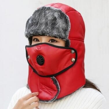 Chapeaux de bombardier thermiques en cuir pour hommes et femmes, Protection des oreilles, casquette de Ski, Protection du cou épaisse en velours pour vieil homme, hiver: Red