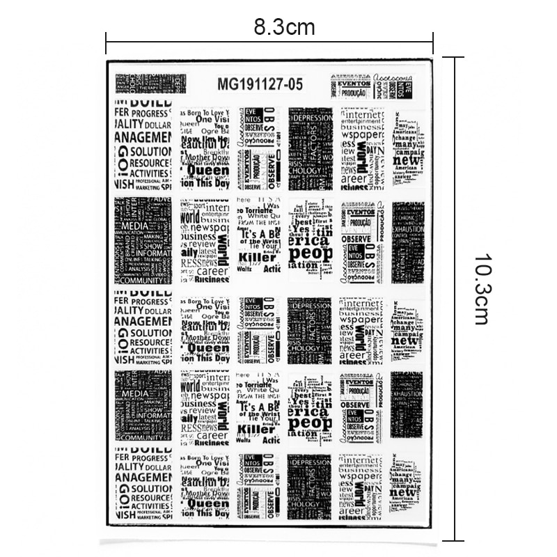 1 Sheet Nail Sticker Black And White Newspaper Patterns Self-Adhesive Cute Nail Art Decals DIY 3D Decoration Nail Art