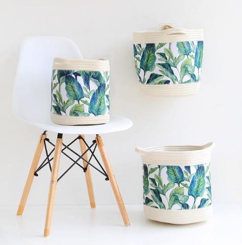 Nordic Green Leaf Cotton Rope Storage Basket Tropical Flowers Woven Finishing Baskets Foldable Sundries Organizer Bucket 1PC: A / 30x31cm