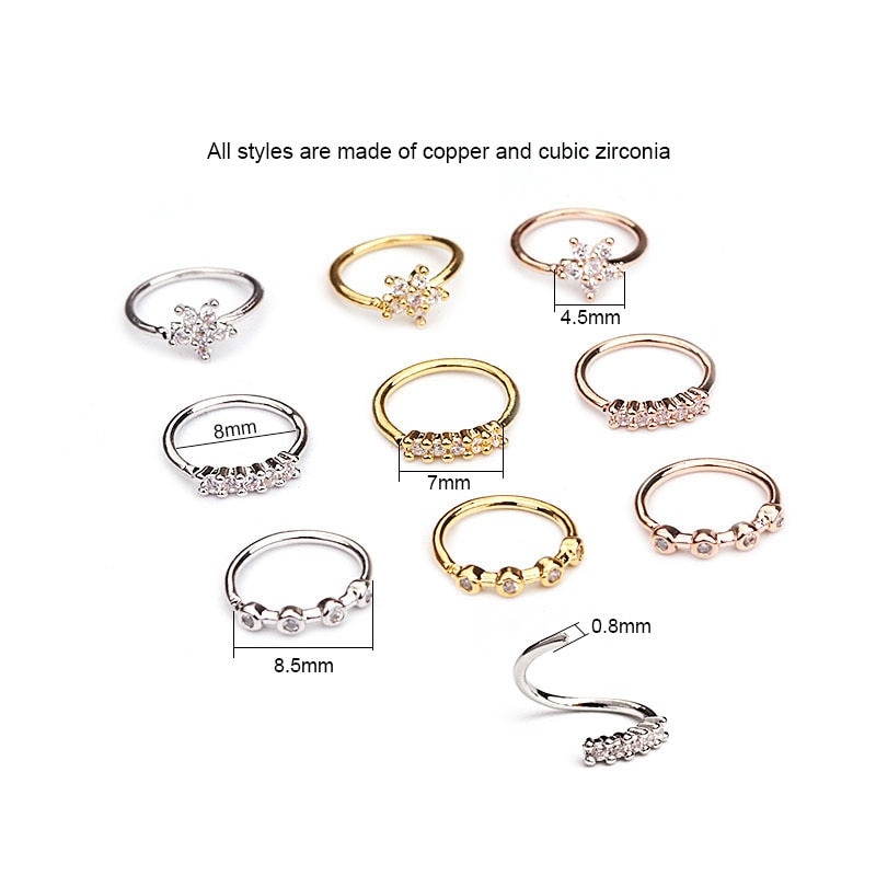 H:HYDE 1PC Silver Gold Color 20gx8mm Nose Piercing Jewelry Cz Nose Hoop Nostril Ring Flower Helix Cartilage Tragus Earring