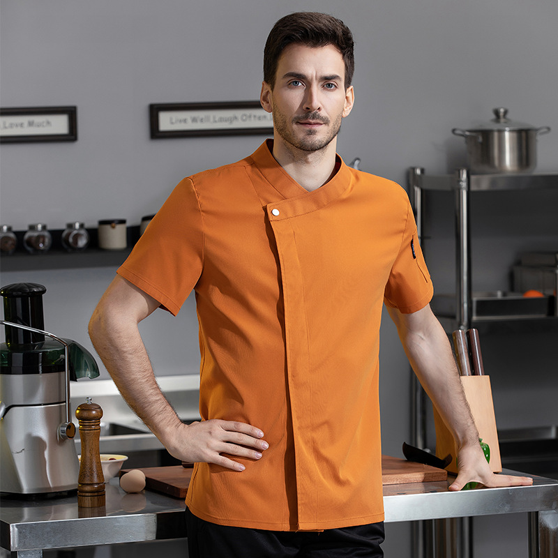 Chef Uniform Short Sleeve Summer Workwear Solid Color Slant Collar Unisex For Kitchen Staff: M / Lavender