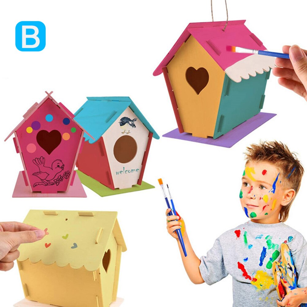 Outdoor Birdhouse Kit DIY Birds House Kit with Paint and Pen for Kids Children FPing: B