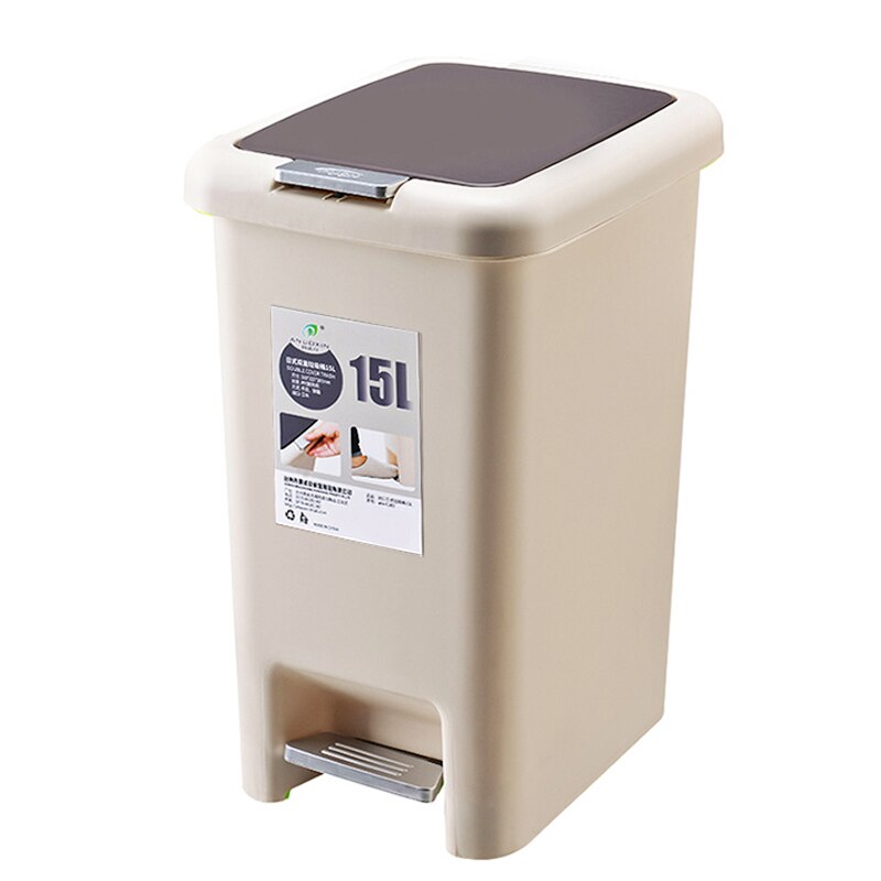 Fotpedal husholdnings søppelbøtte 10l/15l butikk størrelser kvadrat søppel plast trykk type oppbevaring bøtte søppel kjøkken arrangør: beige liten 15l