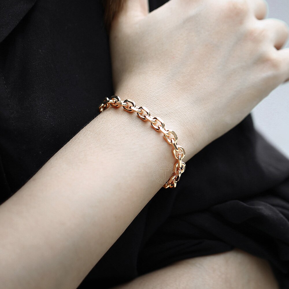 6 Mm 585 Rose Goud Kleur Armband Voor Vrouwen Rolo Kabel Link Chain Party Bruiloft Sieraden Womens Armbanden 20cm Mode LCB45