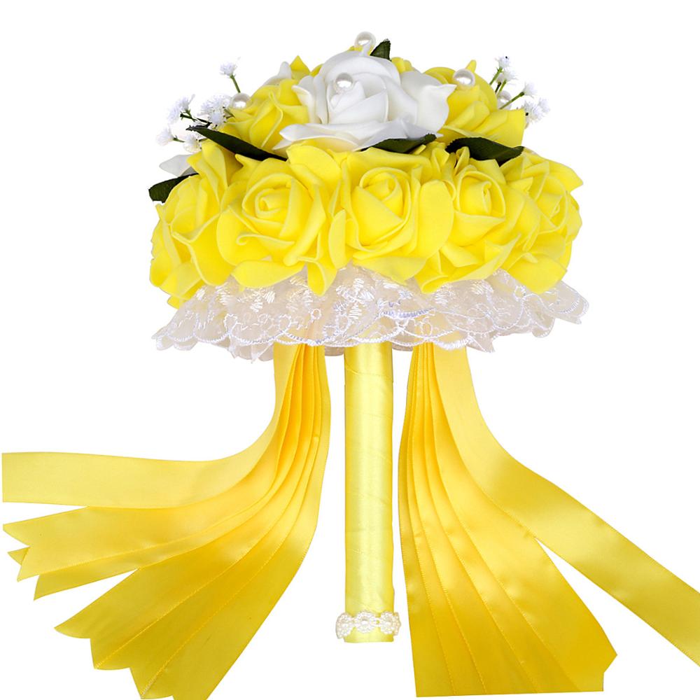 Ramo de novia Artificial Simple de 9 colores para dama de honor con flores de espuma PE ramo de rosas de boda hecho a mano decoración de FW007B: yellow