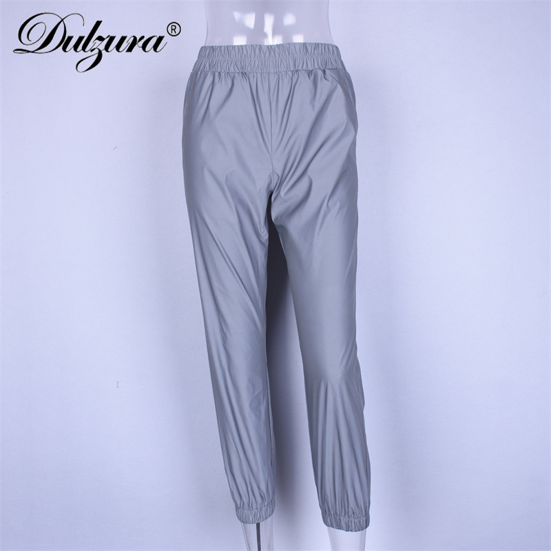 Dulzura flash reflekterende joggerbukser efterår vinter kvinder casual grå solid streetwear bukser tøj