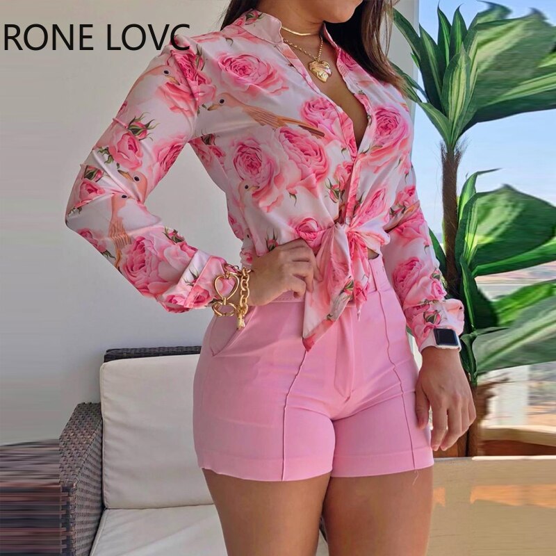 Blusa suelta de manga larga con cordón y estampado Floral para mujer