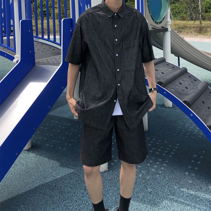 Mænd 2 stk sæt (skjorte+shorts) sort denim kortærmet afslappet skjorte shorts mandlige japan korea streetwear hip hop skjorte