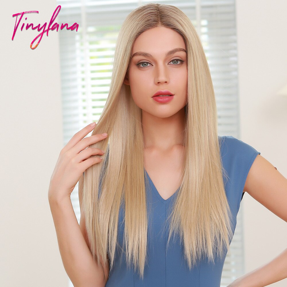 Perruque Lace Front wig synthétique lisse – TINY LANA, perruques longues et soyeuses blondes à racines brunes, perruques quotidiennes à haute densité pour femmes, résistantes à la chaleur