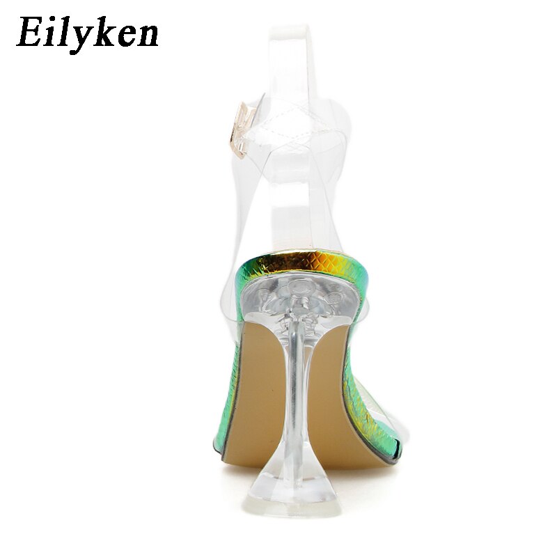 Eilyken serpentine kvinnor kristallklackar sandaler peep toe pumps höga klackar klar transparent rem bröllopssandaler skor rem