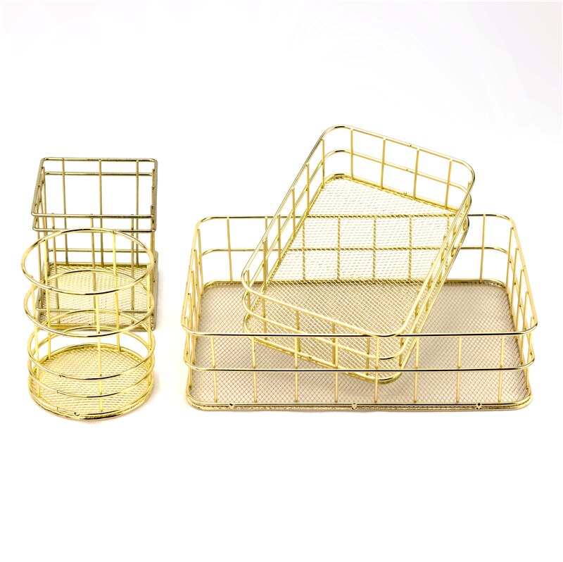 Nordic Makeup Organizer Basket Eyeliner Brush Set Storage Cup Rose Gold Iron Art Dressing Table Makeup Cosmetic Organizer Box