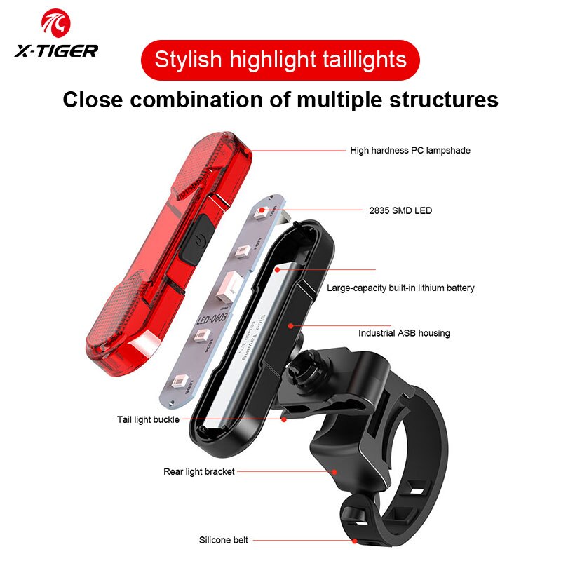 X-TIGER Fietsachterlicht Waterdicht MTB-fietslicht USB Charge LED Fietsachterlicht Flitsstaart Veiligheidsfietswaarschuwingslampje