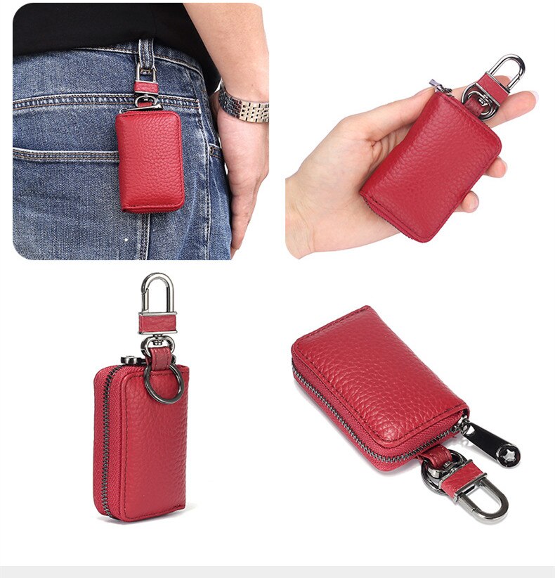 Bolso pequeño para llaves para hombre y mujer, Cartera de cuero auténtico, organizador de llaves, cartera de la llave del coche: Red