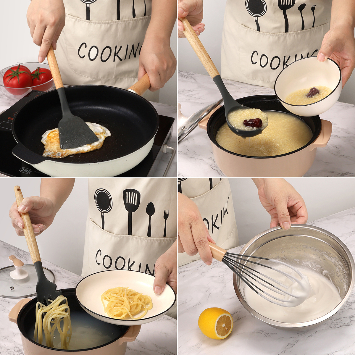 12 Stuks Siliconen Keukengerei Spatel Schop Soeplepel Koken Tool Met Opslag Emmer Non-stick Houten Handvat Keuken gadgets