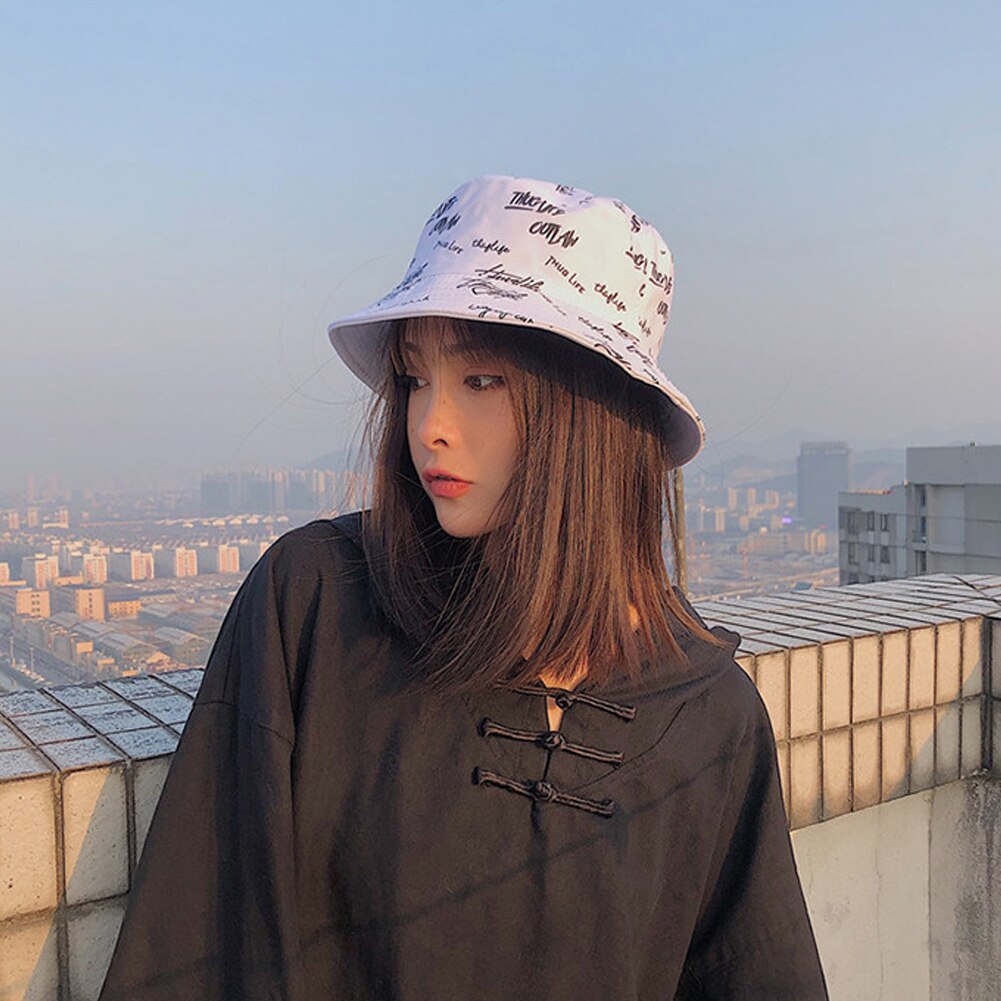 Unisex Outdoor Camping Hiking Bucket Hat English Letters Cotton Reversible Sun Protection Foldable Cap Bucket Hat