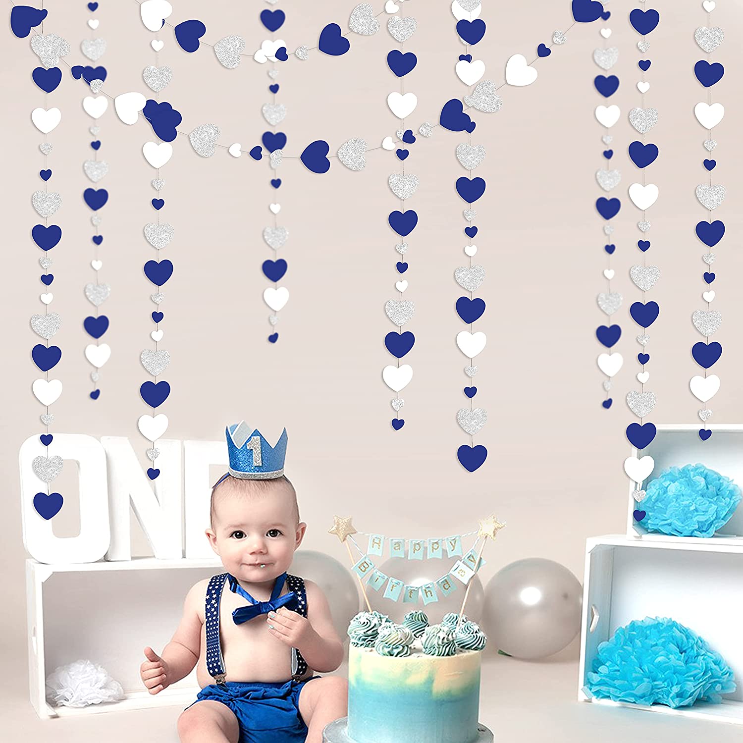 13Ft Navy Blue Pink Rose Gold Wedding Decor Love Heart Garland Hanging Streamer for Royal Engagement Bridal Shower Anniversary