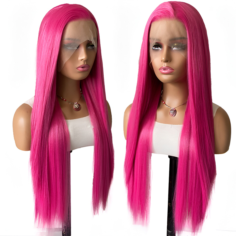Perruque Lace Wig synthétique lisse Rose, sans colle, naissance des cheveux naturelle, usage quotidien, longue perruque Rose, partie de Cosplay, cheveux avant