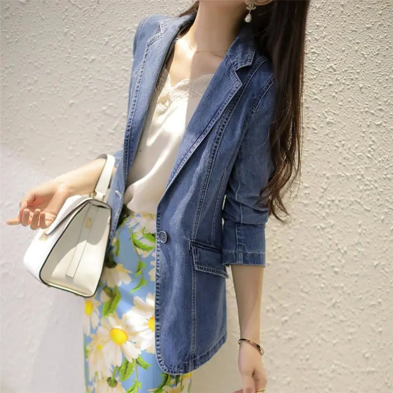Dames Denim Blazer - Casual Jasje - Effen Patroon - Slim Fit - Polyester Katoen Mix