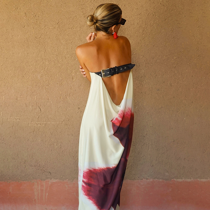CUTENOVA Sexy Strapless Print Bloemenriem Dames Maxi Jurk Geel Backless Hoge Taille Jurken Zomervakantie Elegante Strandkleding