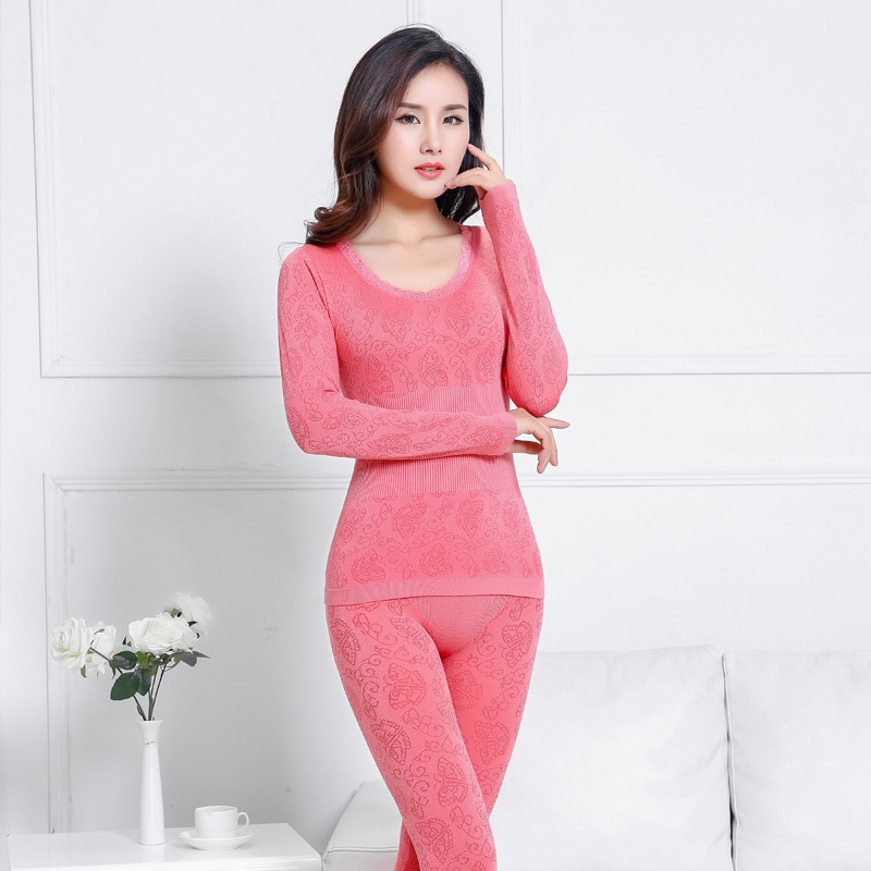 Women lace mid-thickness Thermal Underwear Set Top & Bottom Long Johns Set Female Shaped Warm Clothing