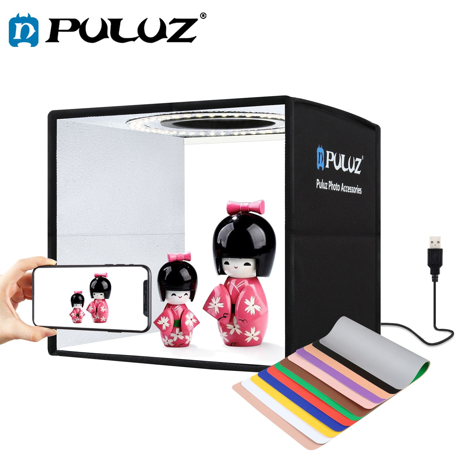 PULUZ 25cm Photo Studio Light Box with 12 Colors Background Mini Tabletop Lightbox Photography Soft Shooting Box Tent Ring Light
