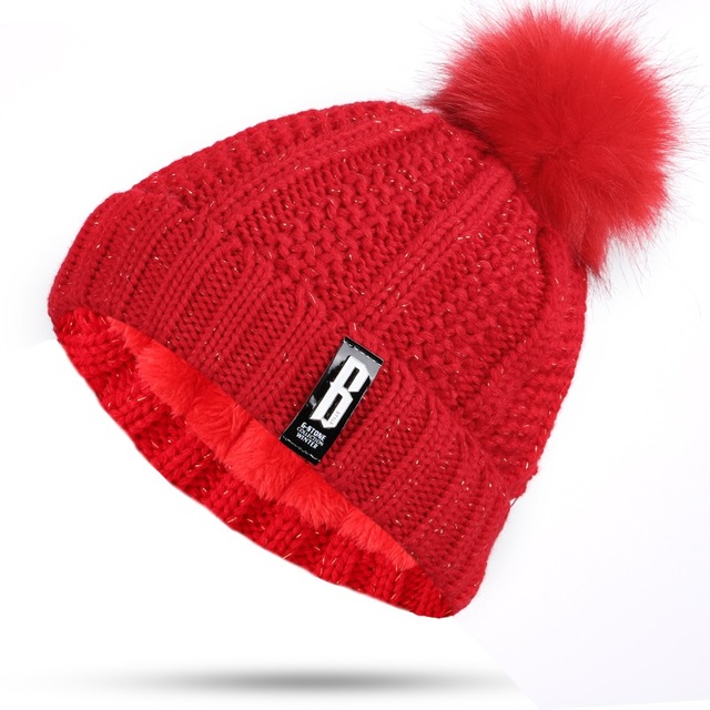 Dikke voering plus fluwelen winter dames pompon gebreide muts ring sjaal sets dames merk mutsen mutsen warme dames ring sjaal: Rood -2