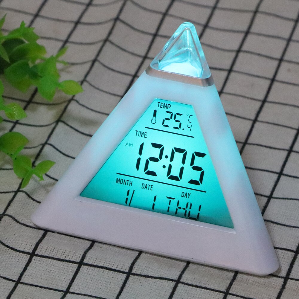 Digitale Wekker Kleurrijke Backlight Veranderen Klok Woondecoratie Driehoek Piramide Perpetual Kalender Thermometer