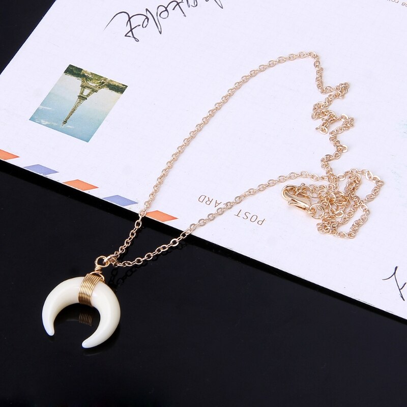 Ivory Bone Double Horn Necklace Crescent Moon Chokers Pendant Necklace For Women