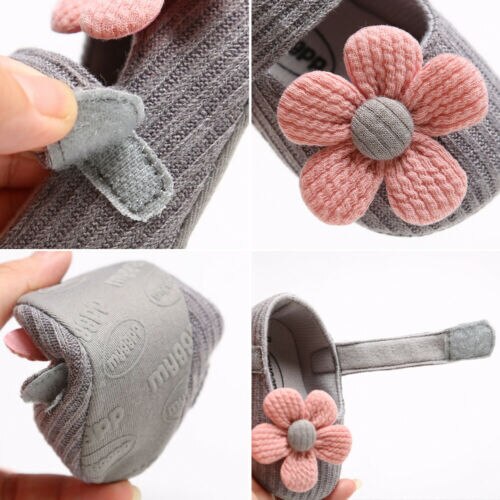 Spring 0-18M Baby Girl Big Flower Crib Shoes Buckle Strap Soft Bottom Cotton Anti-Slip Toddler Infant Footwear 3 Colors