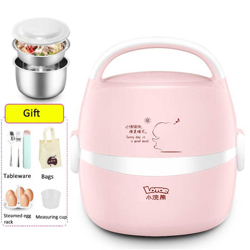 Kbxstart Multi-function Portable Mini Electric Lunch Box Stainless Steel Liner Rice Cooker Food Steamer Cooking Container 220V: pink